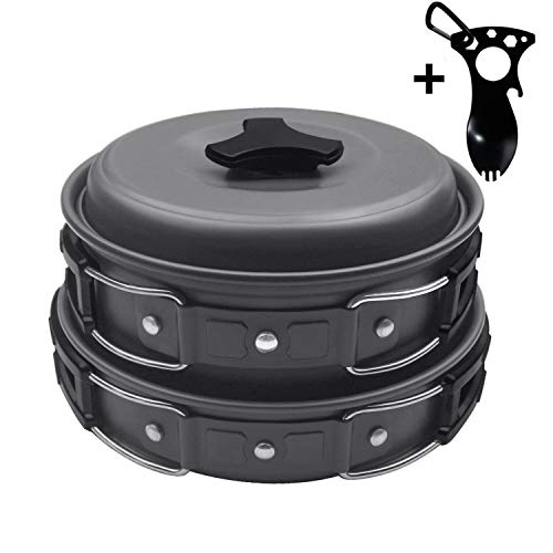 Startostar 11-Piece Camping Cookware Mess Kit with Anodized Aluminum Pots and Pans Set, Spork, Mesh Bag, Canister Stand Tripod and Box