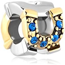 Horeshoe Sapphire Blue Crystals Charm Saddle Bead for Snake Chain Charm Bracelets