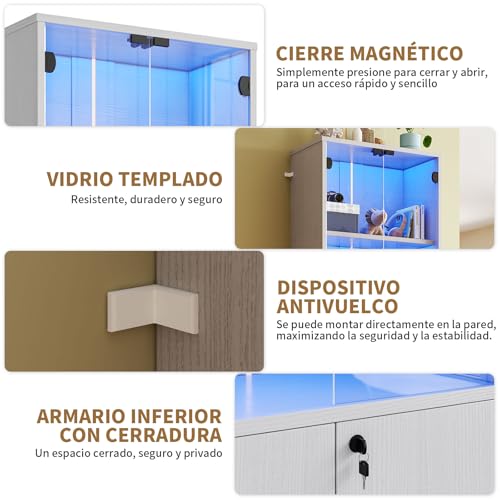 Simple Wisdom Vitrina Exhibidor,Vitrina con Puerta de Cristal y LED en la Parte Superior y Armario con Cerradura en la Parte Inferior,Librero Organizador,Archivero(Blanco, 182X60 CM)