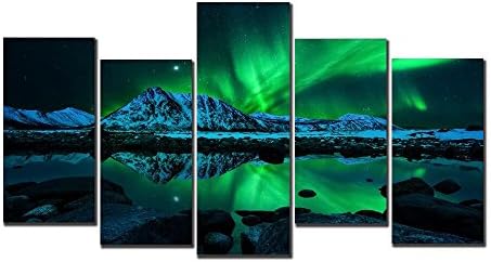 HD Printed Painting 5 Piece Canvas Art Green Aurora Borealis Lake Hill Night Landscape Modern Prints for Living Room Decoration (30x60cmx4pcs+30x80cm, No Frame)