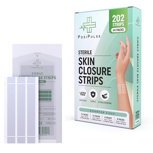 Posi Pulse Sterile Skin Wound Closure Strips. 202 Strips in 44 Packs - Improved Healing, Reinforced Design, Latex-Free, Adhesive Backed, for Lacerations, Incisions, Sutures, 3x75,6x38,6x75,12x100mm
