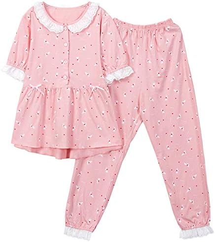 キッズパジャマ 女の子 半袖 長ズボン 綿100 春夏 ルームウェア レース付 かわいい 部屋着 上下セット ピンク 寝間着 快適 柔らかい 通気性 子供服