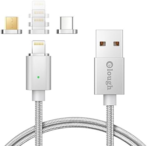 Super Strong Magnetic Phone Charger Nylon Braided Cable Type-C Micro USB Lightning 3 in 1 2.4A Fast Charging Data Syn Cord 3 Adapters With 1 Holder Pack for iPhone Android Devices  (3in1 silver_FBA)