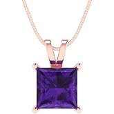 Clara Pucci 14K Rose Gold Plated Solitaire 16" Box-Chain Necklace - Sterling Silver 2ct Princess Cut Amethyst Pendant