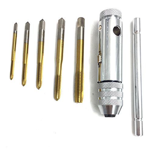 PANOVO T-Handle Reversible Ratchet Wrench Tapping Threading Tools Set with Hand Screw Tap Adjustable M3-M8 3mm-8mm Titanium Coated HSS Drill Bit Set
