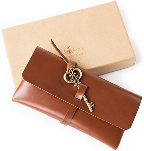 Ancicraft Leather Pencil Case for Women Pen Pouch Holder Phone Accessories Bag Pocket with Beautiful Key Closure in Gift Box (Red brown with key)