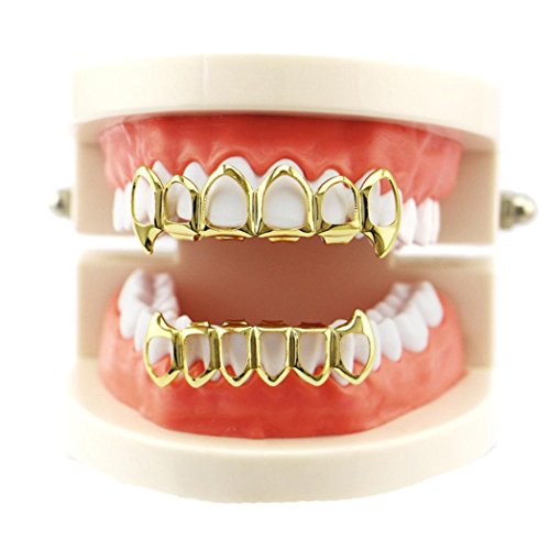 Quqoola Six Hollowed Out Hip HopTeeth Braces, Top And Bottom Mouth Teeth Grills Fashion Removable Dental Grills Halloween Gift for Men Women (Gold)