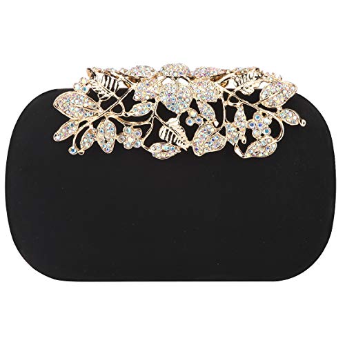 Fawziya Flower Purse With Rhinestones Velvet Clutch Evening Bags-Black