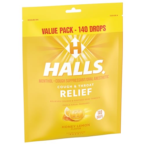 HALLS COUGH AND THROAT RELIEF HONEY LEMON COUGH DROPS, BULK PACK, 140 DROPS