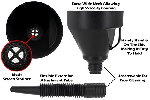Wekster Wide Mouth Fuel Funnel with Handle - Large Plastic Automotive Funnels, Long Flexible Spout Extension, Removable Mesh Screen Filter for Water, Gasoline, Coolant, Transmission, Engine Oil