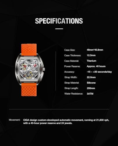 CIGA Design Z Series Automatic Mechanical Watch, Luxury Skeleton Tonneau-Shaped Business Dress Watch, with Silicone/Stainless Steel Strap, Gift for Men and Women