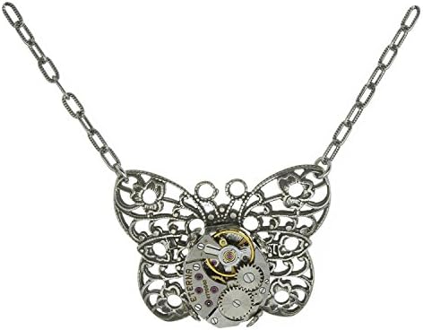 Handcrafted Silvertone Filigree Butterfly Steampunk Clockwork Vintage Victorian Style Pendant Necklace