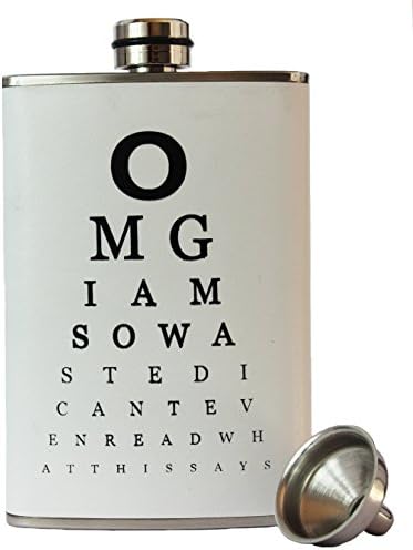 8oz Stainless Steel Primo 18/8 #304 Funny Eye Test Chart Premium/Heavy Duty Hip Flask Gift Set - Includes Funnel and Gift Box