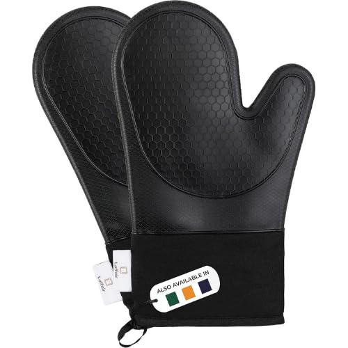 Silicone Oven Gloves Heat Resistant by Laffair - Black Oven Gloves Silicone Oven Mitts Heat Resistant - Premium Non-Slip Design Kitchen Gloves