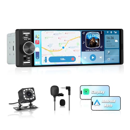 Junsun 6.36 Inch 1 Din Touch Screen Car Stereo Compatible CarPlay & Android Auto Bluetooth GPS FM Type-C Charge 2 USB Microphone Equalizer Steering Wheel Control