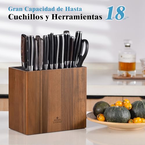 ENOKING Acacia Wood Kitchen Knife Holder, Universal Kitchen Knife Holder with Plastic Lid, Knife Holder for Knives and Scissors/Sharpening Rod
