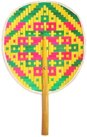 Asian Art Thai Weave Pattern Bamboo Wooden Craft Hand Handle Fan Collectibles