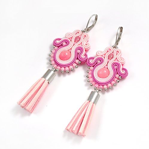 Pink earrings, soutache earrings with jade stone and tassels