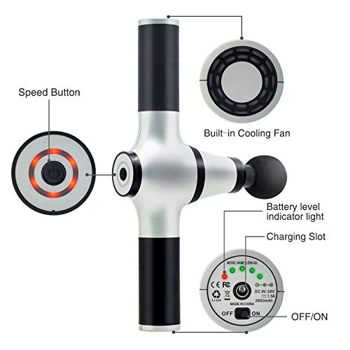 Muscle Massage Gun, Powerful Percussion Cordless Deep Tissue Massager Device with 5 Interchangeable Massage Heads and 3 Speed Settings for Muscle Recovery and Pain Relief