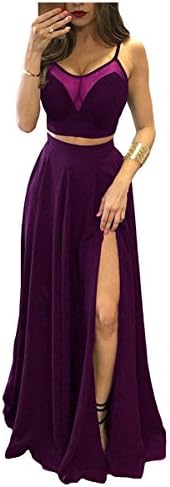 PEBridal Womens Two Piece Long Prom Dress Slit Chiffon Evening Gown US14 Grape