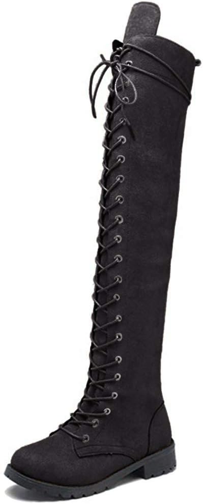 chegong Women's Military Combat Boots Suede Lace-up Flat Shoes Over The Knee Boots