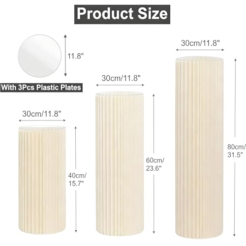 3Pcs Cardboard Cylinder Stands, Foldable Round Pedestal Columns, Plinth Pillars Table for Birthday Party Wedding Ceremony Baby Shower Display Decoration, White