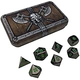 Skull Splitter Dice Black Dragon Metal Dice - Shiny Black Nickel with Green Numbers | Solid Metal Polyhedral Role Playing Game (RPG) Dice Set (7 Die in Pack) with Awesome Dwarven Chest Dice Case