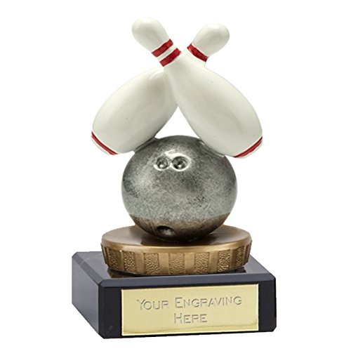 10cm Ten Pin Bowling trophy award 2 Skittles on bowling ball. Free