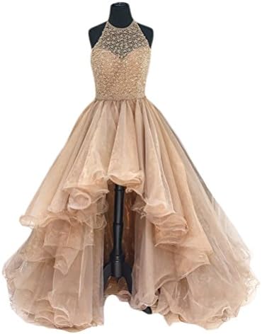 TBGirl Women's High Low Beading Champagne Organza Halter Prom Dresses