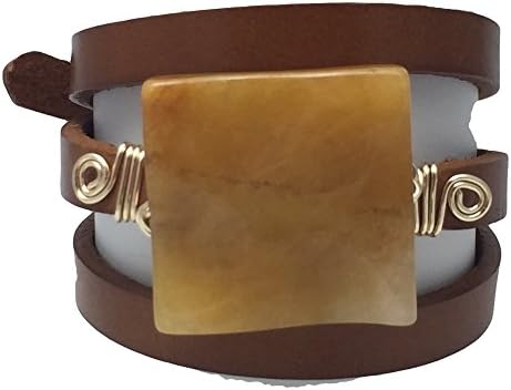 Handmade Bracelet - Leather Wrap with Natural Stone - Rectangular Beige Agate