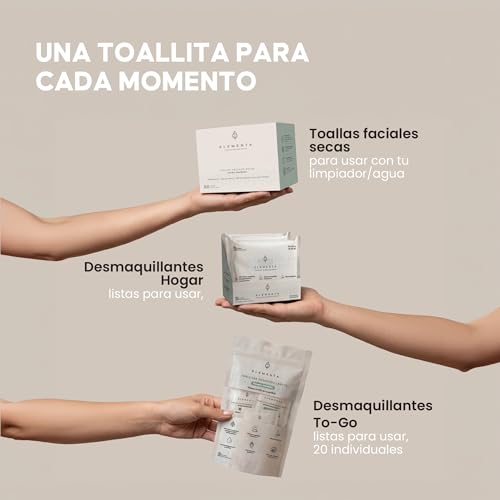 Elementa Toallitas Desmaquillantes Individuales, Toallitas Húmedas para Desmaquillar Ojos y Rostro, con Aloe Vera y Vitamina E, Hipoalergénicas, Biodegradables | 20 Toallitas Individuales