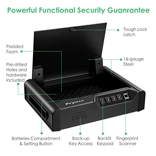 PRYMAX Biometric Gun Safe, Smart Handgun Safe with 4 Digits Code, Quick Fingerprint Access Gun Box with Auto-Open lid, 2 Pistol Capacity, Gun Cabinet for Home, Personal and Car Security