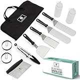 JORDIGAMO Professional Stainless Steel Griddle Cooking Kit - Grill Spatula Tongs Egg Ring Flipper Scraper Carrying Bag - Camping Tailgating Outdoor BBQ - Grilling Hibachi Accessories - Metal Tool Set