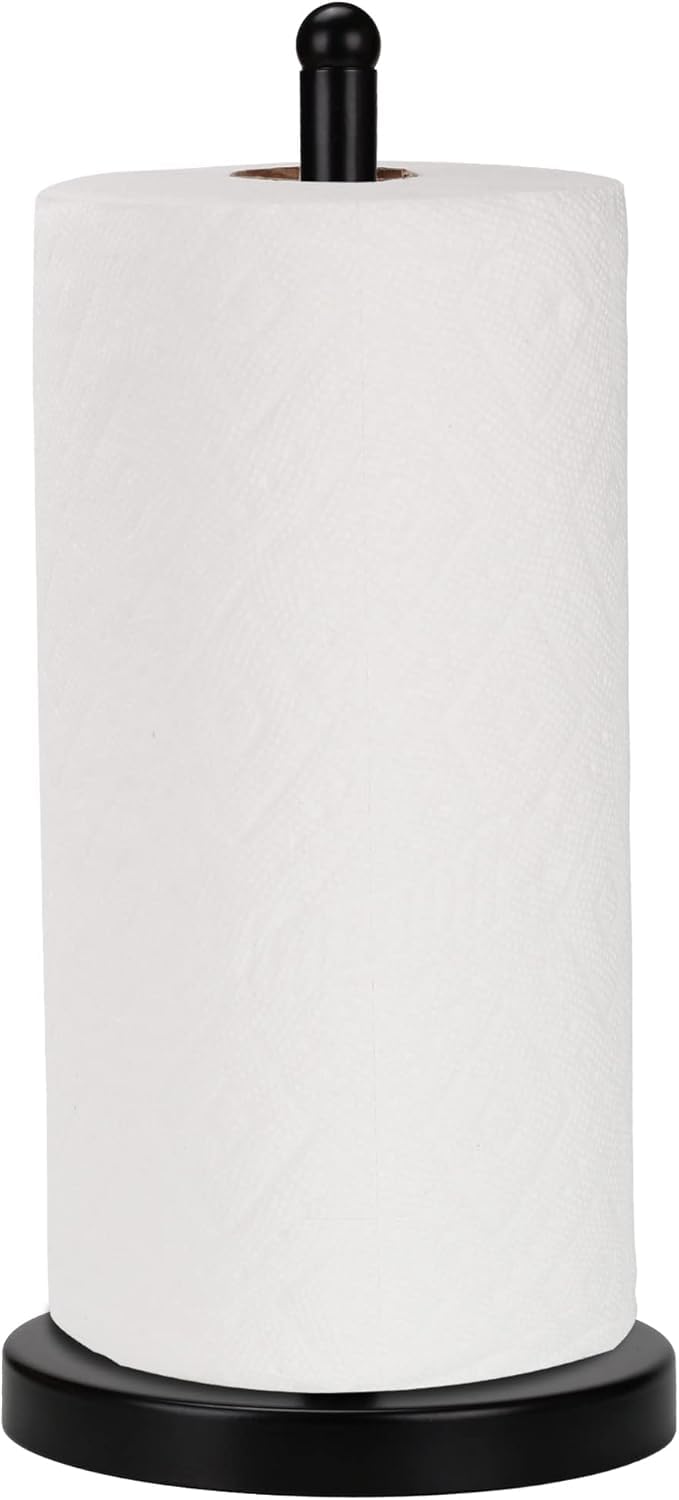E-ROOM TREND Paper Towel Holder Heavy Weighted Base Sturdy Metal Paper Towel Dispenser Kitchen Steady Bathroom Towel Roll Stand Organizer Paper Roll Holder for Countertop Cabinet Matte Black(A076)