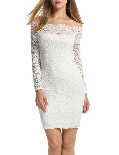 Cindere Women's Floral Lace Off-Shoulder Elegant Bodycon Cocktail Party Wedding Dress,White,Large - Thumbnail 4