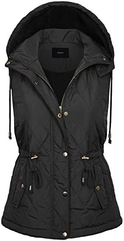 BOHENY Womens Fur Lined Lightweight Zip Up Quilted Vest With Detatachable Hood-L-Black