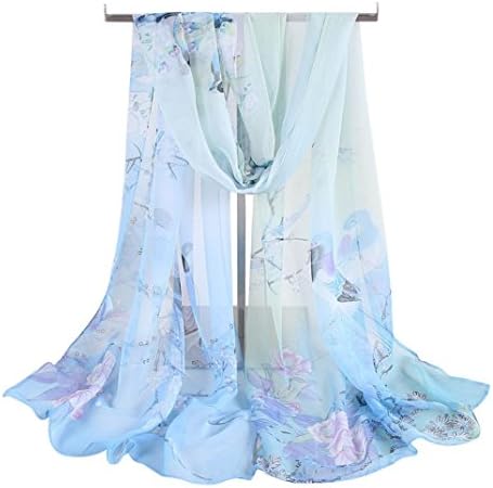 Women Soft Thin Chiffon Silk Animal Bird Printed Wrap Shawl Scarf Gifts under 5 Dollars (Light Blue)