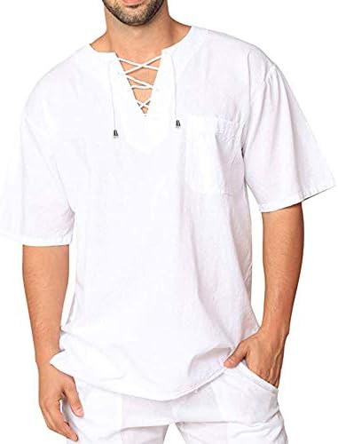 Mens Casual Short Sleeve Henley Shirt Cotton Linen Hippie Summer Solid Beach Yoga Top