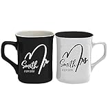 Mr and Mrs Coffee Mugs Set of 2 - Personalized Couple Matching Ceramic Coffee Mugs - Bride and Groom Mug Set Honeymoon Anniversary Gift | 7 Different Color Customized with Last Name and Date #C4