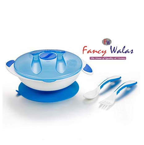 Fancy Walas Presents Kids Unbreakable Portable Dispenser Feeding Dish with Cover Spoon and Fork Storage Container Bowl with Vacuum Suction Hold (Blue)