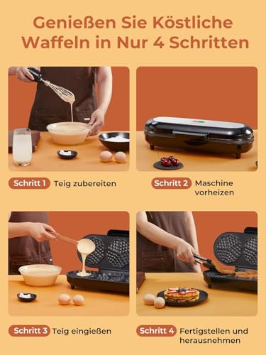 FOHERE King Size Waffle Iron, 15 Heart Waffles in 2 Minutes, Heart Waffle Iron with 3 Non-Stick Baking Surfaces for Classic Heart Wafers, Baking Tray, Stainless Steel, Ideal for Family & Party (Silver)