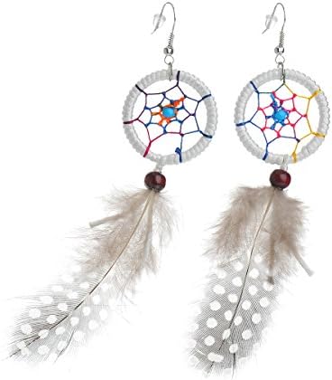Southwestern Dream Catcher Colorful Bead Style Feathers Dangle Silver Tone Earrings (WHITE)