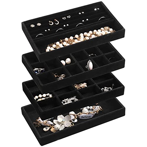 Frebeauty Jewelry Organizer Tray,Stackable Velvet Jewelry Trays,Drawer Inserts Earring Organizer For Women Jewelry Storage Display Case for Rings Stud Necklaces,Set of 4(Black)