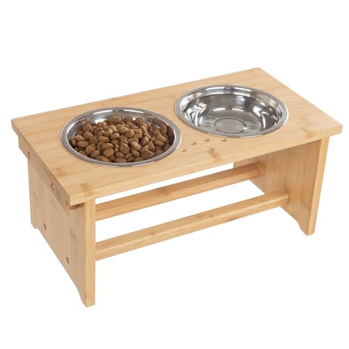 Elevated Dog Bowls with Stand - 7-Inch Nonslip Bamboo Dog Feeder with 2 Stainle…
