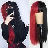 Kaneles Half Red Half Black Wigs with Bangs Long Straight Halloween Cosplay Women Wigs Synthetic Hair Wigs
