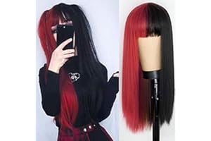 Kaneles Long Half Red Half Black Wigs with Bangs Straight Halloween Cosplay Women Wigs Synthetic Hair Wigs