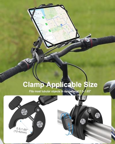 Metal iPad Tablet Mount for Boat Helm, Wheelchair Pole, Golf Cart, Stroller, Mic Stand, Fitness bike, Road Mountain Bicycle - 360° Adjustable Handlebar Clamp for 4.7-13" iPad Pro, Air, Mini, Galaxy