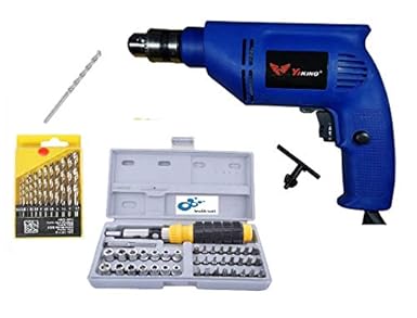 Inditrust 450W Drill Machine with 13pc HSS Drill Set, 10mm Masonry Bit, 41pc Tool Kit Screwdriver Socket Set - Color May Vary