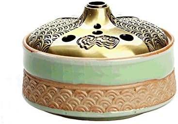 Celawork Ceramice Incense Holder Ge kiln Celadon BackFlow Ice glaze Incense Burner Creative Alloy Cover(2091)