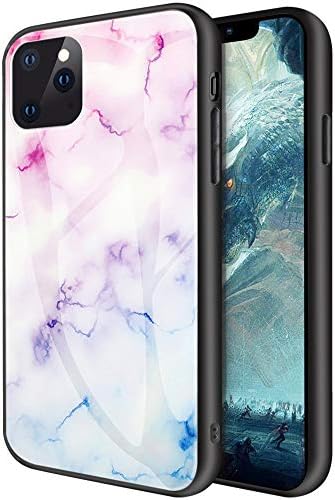 iPhone 11 Pro Max Case,Marble Texture Tempered Glass Smooth Scratch-Proof Protective Back Cover + TPU Soft Anti-Collision Bumper for iPhone 11 Pro Max 6.5''(Purple + Blue)